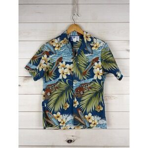 VTG RJC Shirt Mens Small Blue Hawaiian Aloha Woody Car Surf Floral Made USA